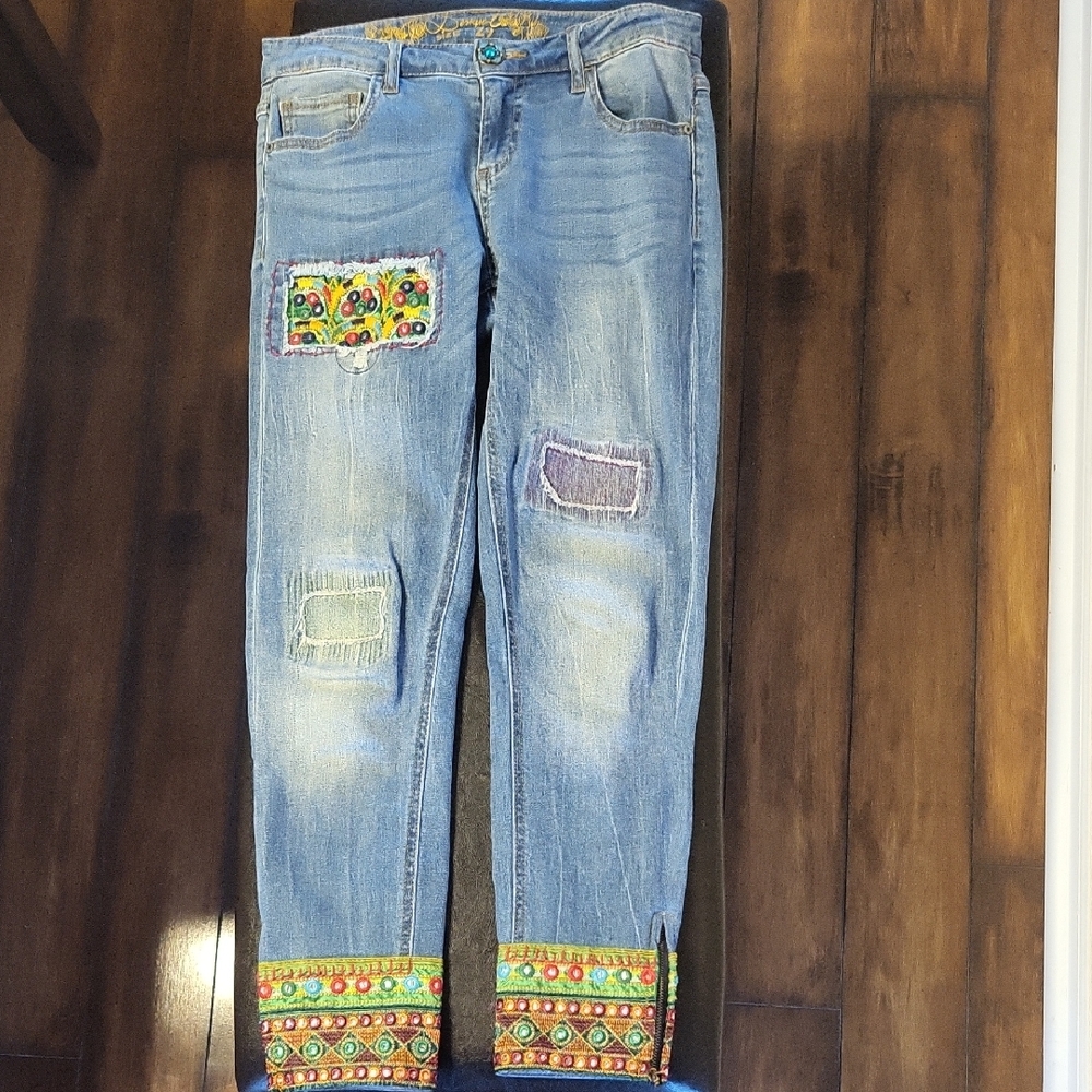 Desigual Blue Ankle Cropped Jeans with Distressed Patches